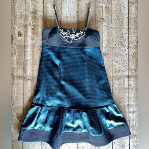 Lela Rose Silk Linen Textured Dark Teal Blue Short Sleeveless Mini Dress Size 6